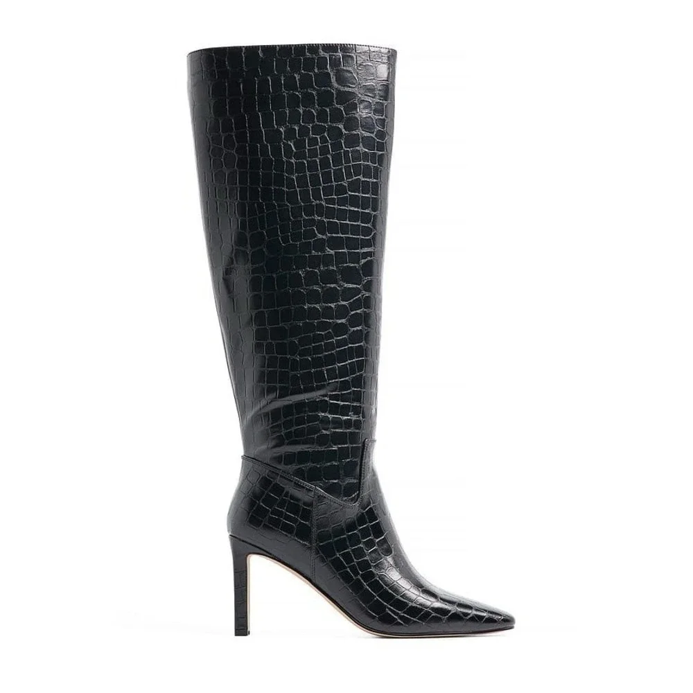 NA-KD Croc Embossed Knee High Boots Square Toe Heels Black Size 6.5 US
